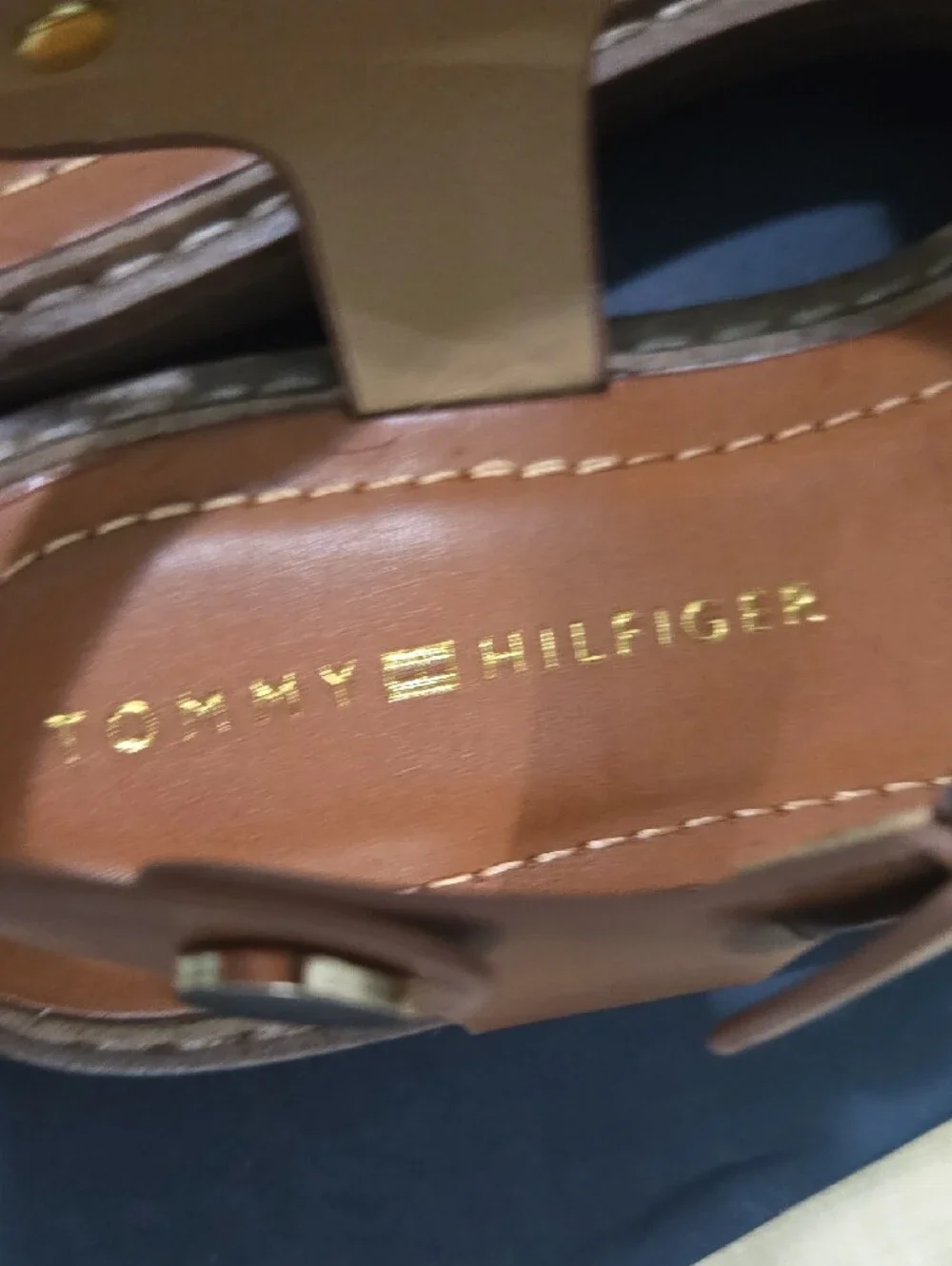 Tommy Hilfiger Cognac Brown Leather T-Strap Sandals with Gold Logo
